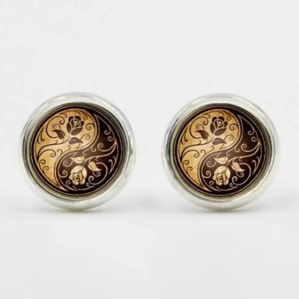 Victorian Rose Yin Yang Symbol Glass Cabochon Round Silver Plated Stud Earrings